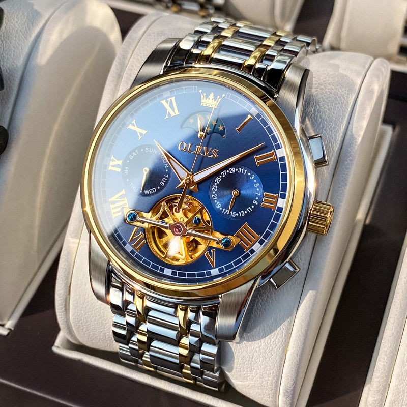 Reloj OLEVS para hombre, reloj mecánico automático, reloj de pulsera Stianless de la mejor marca, reloj de pulsera de lujo moon phaseTourbillon, regalos para hombre