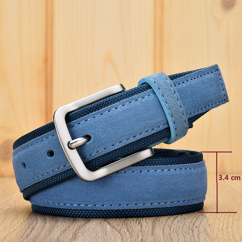 Men Suede Leather Belt With Oxford Fabric Strap Genuine Leather Luxury Pin Buckle Blue Belts For Men 3.5 cm and 4.0 cm Width