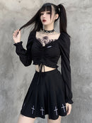 InsGoth Bandage Bodycon manga larga Crop Tops mujer negro cuello en V Streetwear Punk Slim Tops otoño gótico Harajuku Top