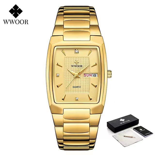 Relogio Masculino WWOOR 2022 Neue quadratische Uhr Herren mit automatischem Wochendatum Mann Quarz Armbanduhren Luxus Edelstahl Gold