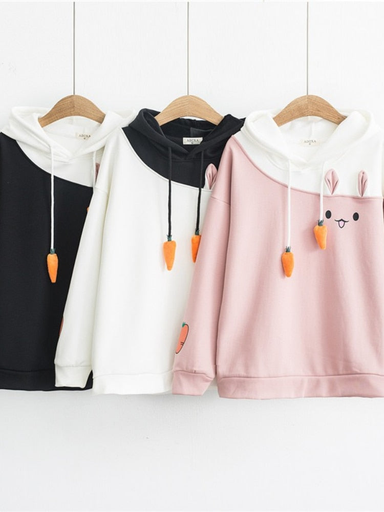 Merry Pretty Women Hoodies Animal Lovely Pullover Kawaii Rabbit Sweatshirt Cute Bunny Graphic Outerwear Pink Black Hoodie Girls