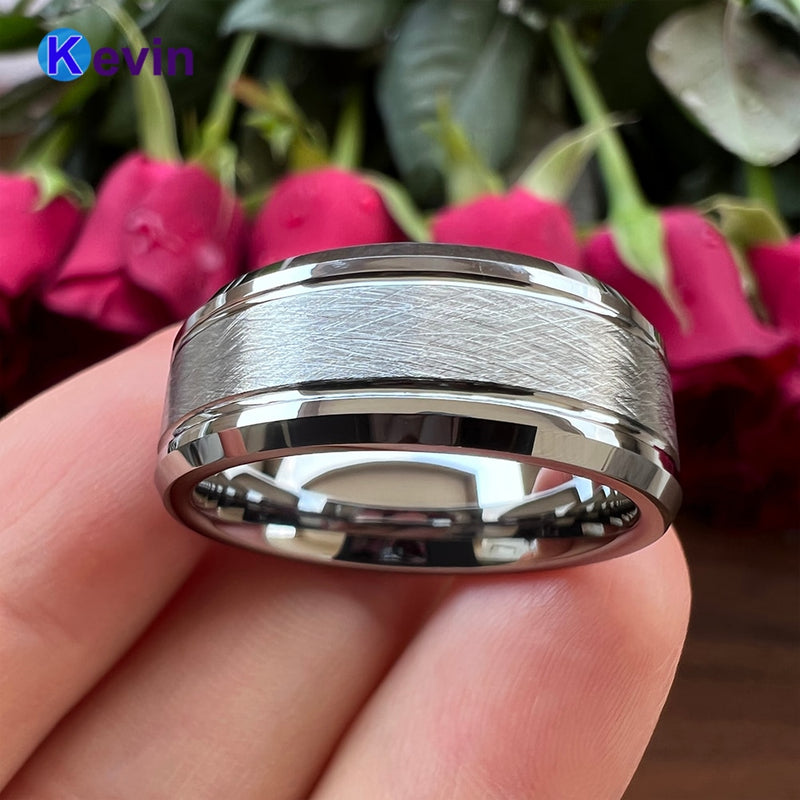 Men Women Tungsten Wedding Band Ring With Bevel Brush Groove Finish 8MM Comfort Fit