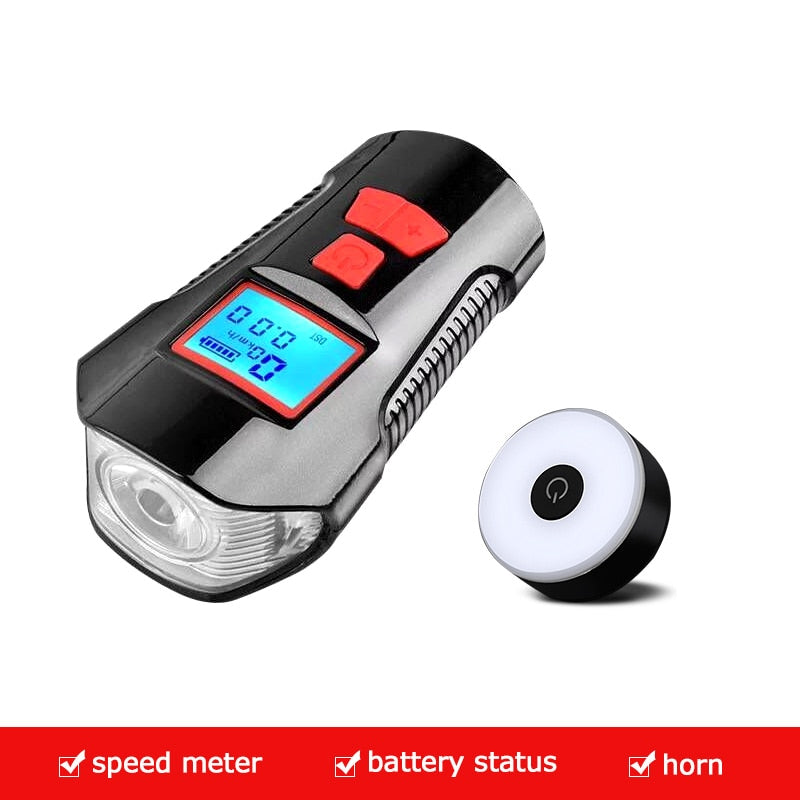 Wasserdichtes Fahrradlicht, USB-Aufladung, Fahrrad-Frontlicht, Taschenlampe, Lenker, Radfahren, Kopflicht mit Hupe, Geschwindigkeitsmesser, LCD-Bildschirm