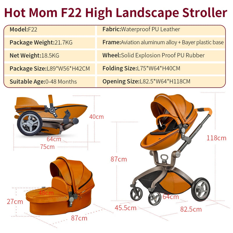 Kinderwagen 3 in 1, Hot Mom Reisesystem Hochlandschaftskinderwagen mit Stubenwagen, faltbarer Wagen für Neugeborene, F22
