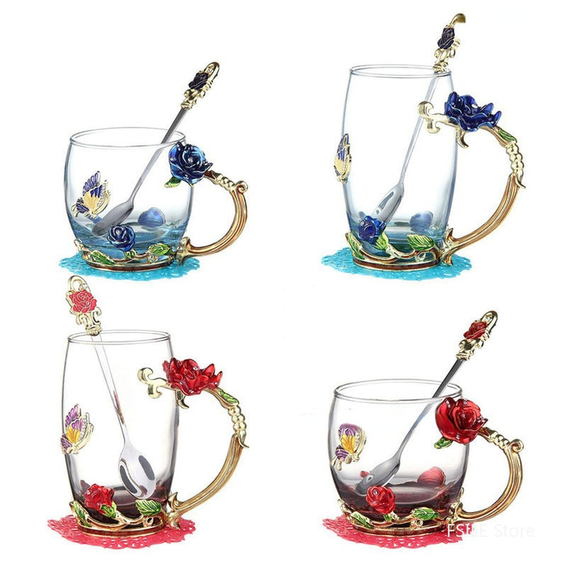 Enamel Transparent Glass Coffee Tea Mug Blue Roses Heat-Resistant Cup Set with Stainless Steel Spoon Coaster and Wipe Cloth