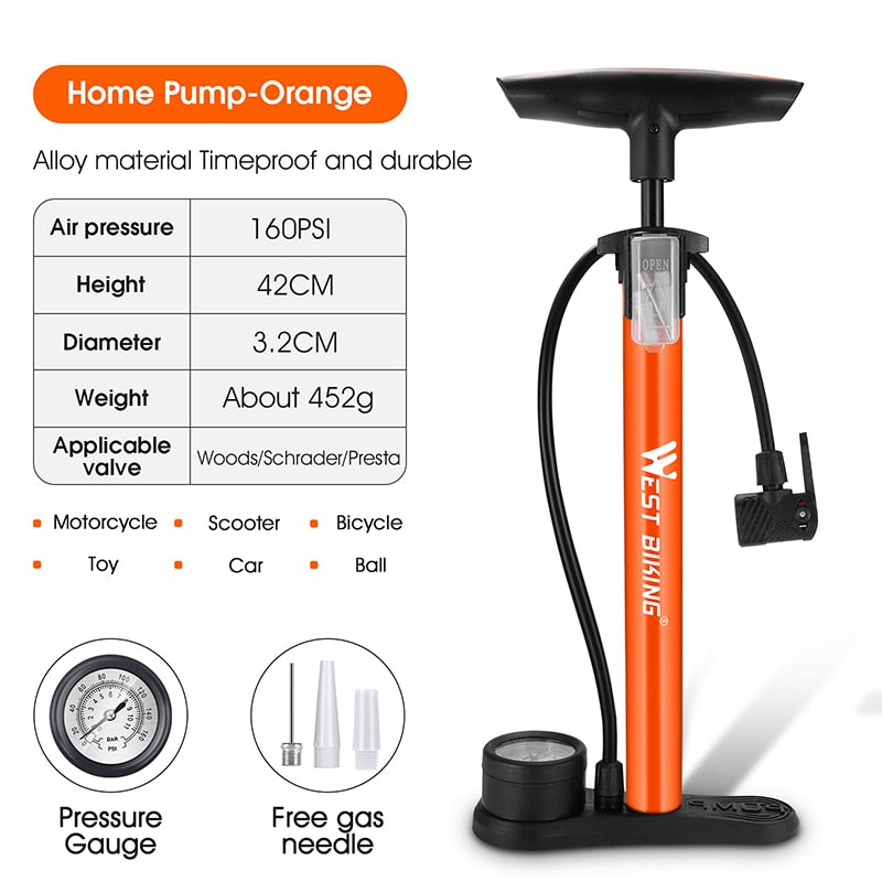 WEST BIKING Bike Floor Pump 120/160PSI Bomba de ciclismo de alta presión Inflador de aire Schrader Presta Valve Road MTB Bicicleta Neumático Bomba