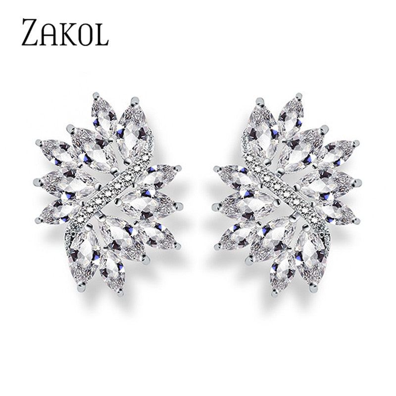 ZAKOL Delicate Cubic Zircon Crystal Stud Earrings for Women Fashionable White Color Flower Handmade Wedding Jewelry EP480