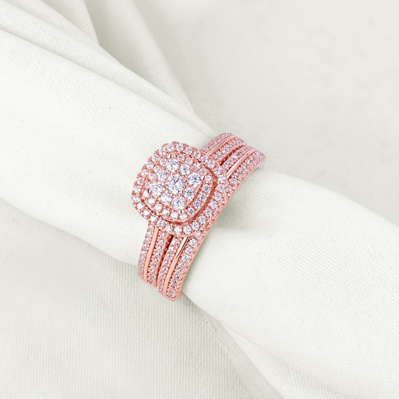 Newshe Double Halo Roségold 925 Silber Verlobungsring Brautset für Frauen AAAAA Kubikzirkon Romantischer Hochzeitsschmuck