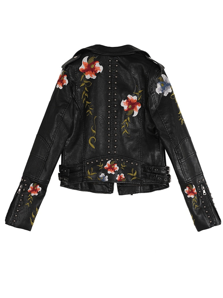 Ftlzz Frauen Blumendruck Stickerei Faux Weiche Lederjacke Mantel Umlegekragen Lässige Pu Motorrad Schwarz Punk Oberbekleidung