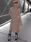 Simenual One Sleeve Knit Asymmetrische Midikleider Skinny Ribbed Hooded Streetwear Baddie Clothes Herbst Frühling Clubwear Enges Kleid