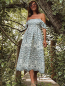 Jastie Retro-Öse besticktes Damenkleid mit Rüschen, quadratischem Ausschnitt, Gummiband, gesmoktes Korsett, Sommerkleider, langes Boho-Maix-Kleid