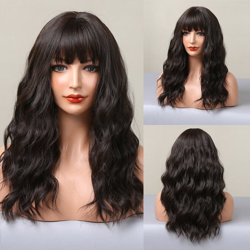 ALAN EATON Long Ombre Black Brown Blonde Wigs with Bangs Heat Resistant Synthetic Wave Wigs for Women African American Cosplay