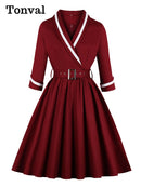 Tonval estilo Vintage abrigo cinturón elegante plisado otoño vestido mujer 2022 invierno bata mujer 3/4 manga vestidos de algodón