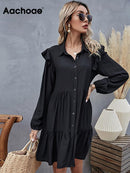 Aachoae verano otoño mujer vestido negro volantes manga larga elegante camisa vestido suelto Casual plisado Mini vestido vestido de verano bata
