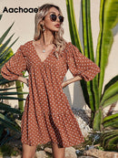 Aachoae Damen Casual Loose Polka Dot Kleid V-Ausschnitt Plissee Chiffon Kleid Laterne Halbarm Mini Strandkleid Sommer Robe Femme