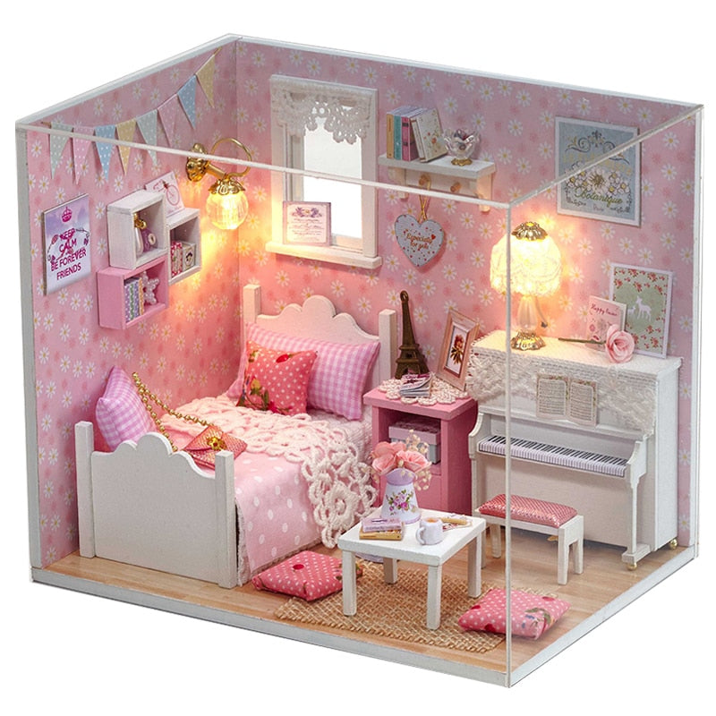 Cutebee DIYHouse miniatura con muebles LED música polvo cubierta modelo Juguetes De bloques De construcción para niños Casa De Boneca