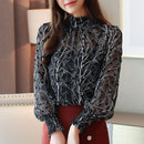 2023 Frauen Chiffon Blusen Casual Stehkragen Blumen Frauen Kleidung Langarm Gedruckt Shirt Frauen Tops Chemise Femme 6197 50