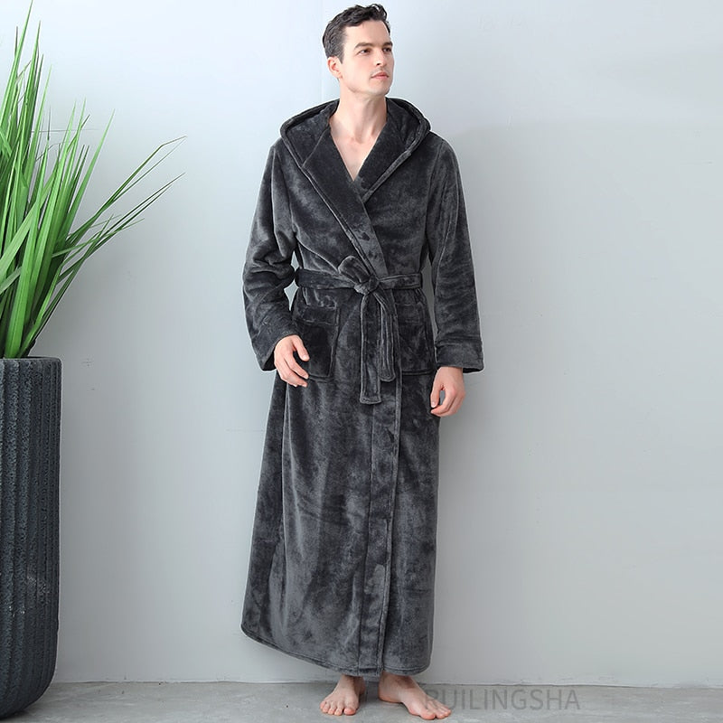 Albornoz de franela de talla grande para hombre y mujer, albornoz Extra largo con capucha cálido para amantes, albornoz tipo Kimono grueso, bata de baño para hombre, batas