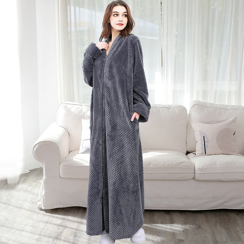 Women Winter Plus Size Long Warm Flannel Hooded Bathrobe 40-110KG Zipper Bath Robe Pregnant Night Dressing Gown Men Sleepwear