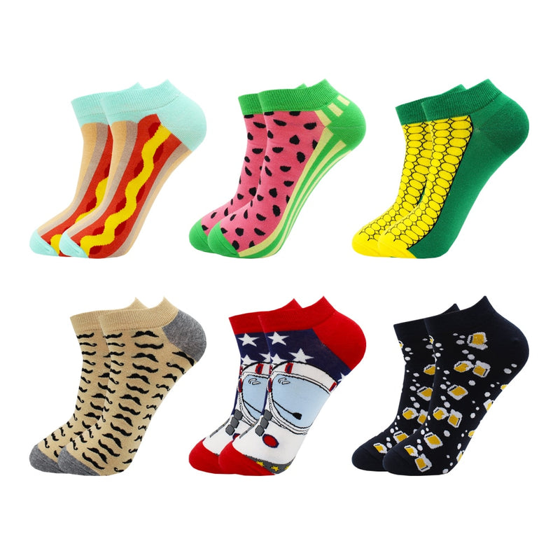 6-12 Pairs Novelty Funny Casual Ankle Socks Fashion Colorful Harajuku Fruit Animal Grid Cotton Men Socks Slippers