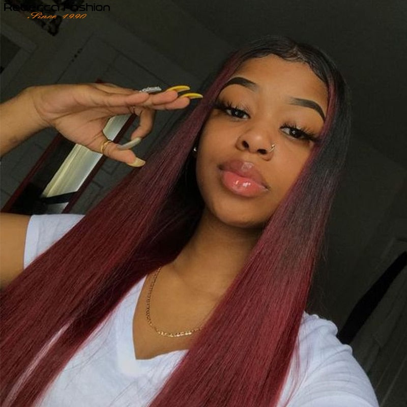 Burgundy HD Transparent Lace Front Human Hair Wigs Ombre 99J Straight Lace Frontal Wig For Women Pre Plucked 13x1x6 Lace Wig