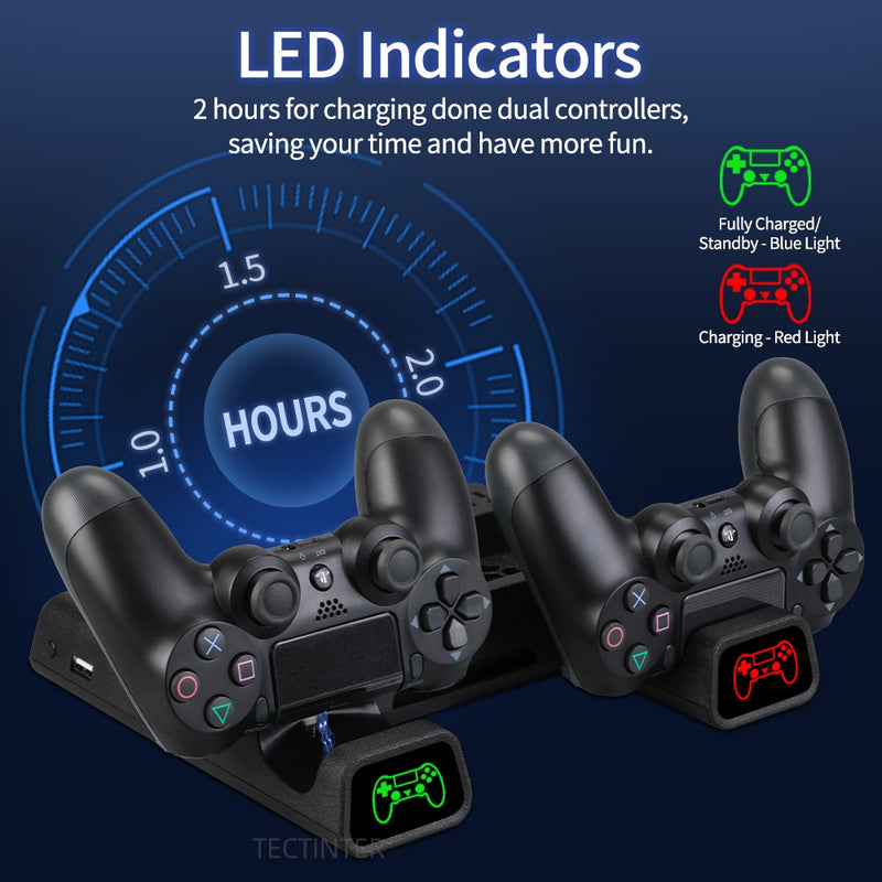 Für PS4/PS4 Slim/PS4 Pro Vertical Stand LED Lüfter Dual Controller Ladegerät Ladestation für SONY Playstation 4 Kühler