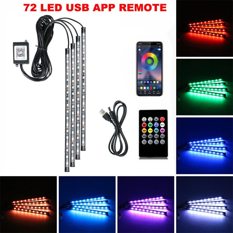 Neon 48 72 LED Car Interior Ambient Foot Light with USB Wireless Remote Music App Control Auto RGB Atmosphere Decorative Lamps