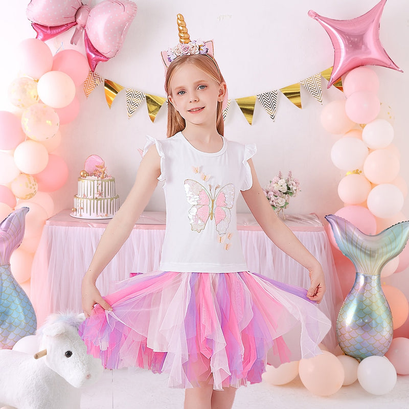 DXTON, ropa para niñas, vestidos de princesa de verano, vestido con estampado de unicornio y mangas acampanadas para niños, vestidos de fiesta para niñas, ropa para niños de 3 a 8 años