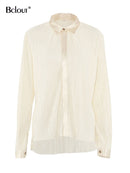 Bclout Long Sleeve Autumn Winter Shirts Blouses Woman Pleated Work Ladies Tops Elegant Loose Women Blouse Khaki Solid Tops 2022