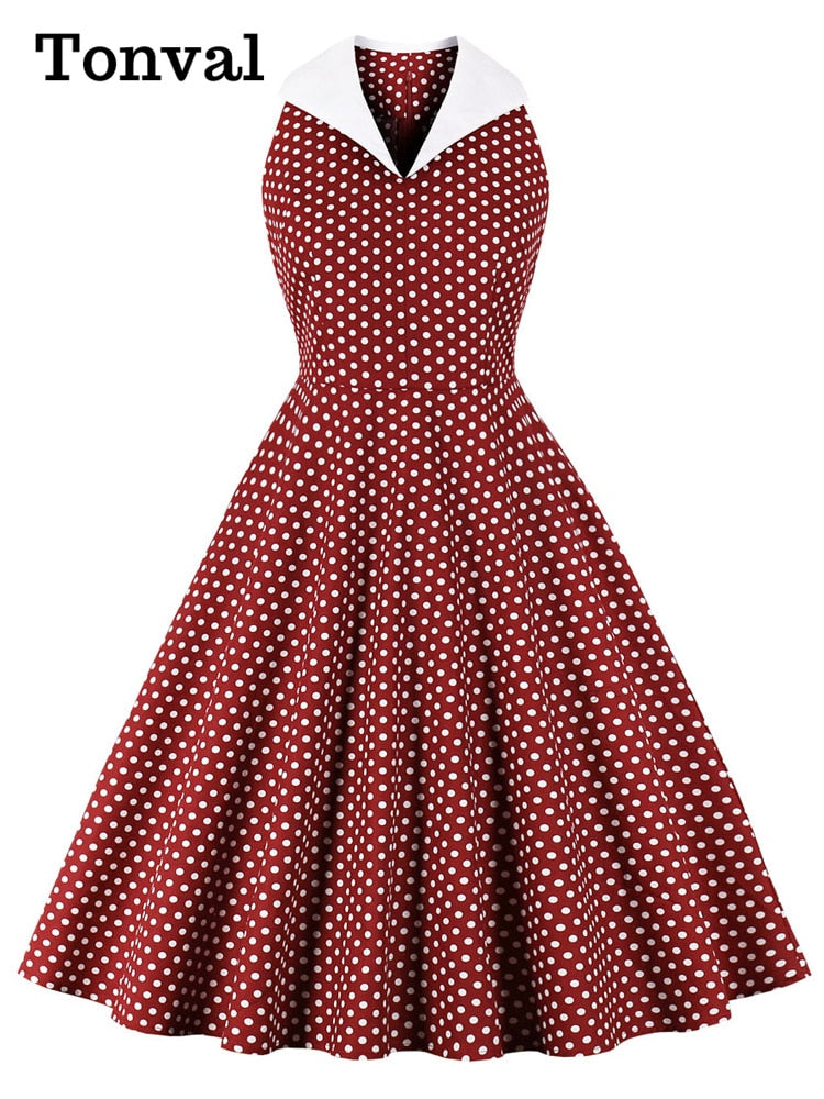 Tonval Turn-Down Collar Sleeveless Polka Dot Vintage Rockabilly Dresses for Women 2022 Summer A-Line Cotton Retro Dress