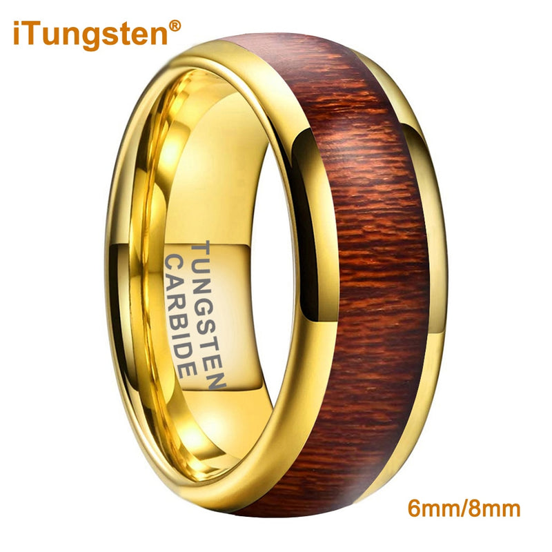 iTungsten 6mm 8mm Gold Plated Tungsten Ring for Men Women Engagement Wedding Band Fashion Jewelry Koa Wood Inlay Comfort Fit