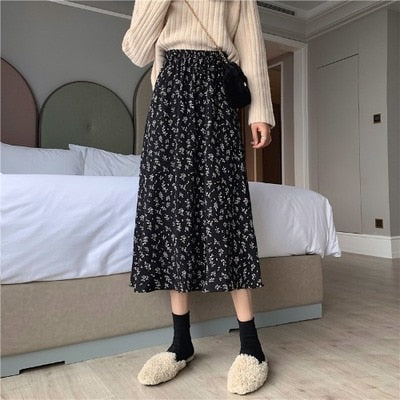 2023 Frühling Vintage Blumendruck Rüschen Plissee Lange Röcke Frauen Koreanische Rock Streetwear Kordelzug Elastische Taille Midirock