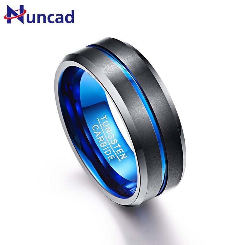 NUNCAD Men's 8mm Tungsten Carbide Groove Ring Blue & Black Matte Finish Beveled Edge Wedding Band