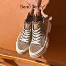 BeauToday Casual Sneakers Damen Wildleder Runde Zehe Lace-Free High Top Damen Retro Mode Flache Schuhe Handmade 29575