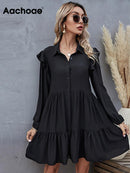 Aachoae verano otoño mujer vestido negro volantes manga larga elegante camisa vestido suelto Casual plisado Mini vestido vestido de verano bata