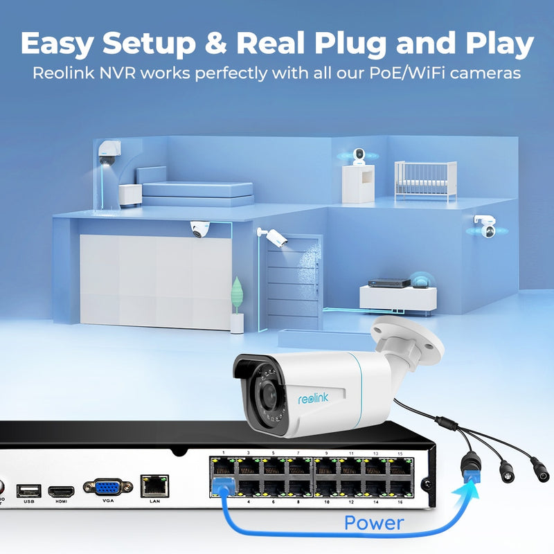 [Human/Car Detection]Reolink 16ch NVR 4/5MP 4K 12MP PoE Network Video Recorder with 3T/4TB HDD for Security IP Cameras RLN16-410