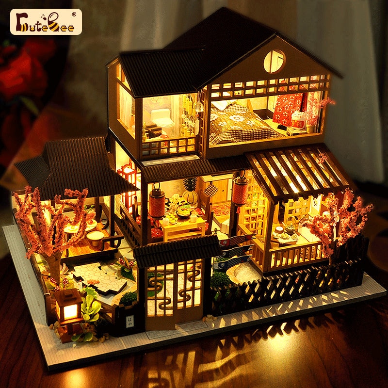 Cutebee DIY Dollhouse Kit Japanese Building  Wooden Miniature Doll Houses With Furniture LED Lights for Children's Birthday Gift