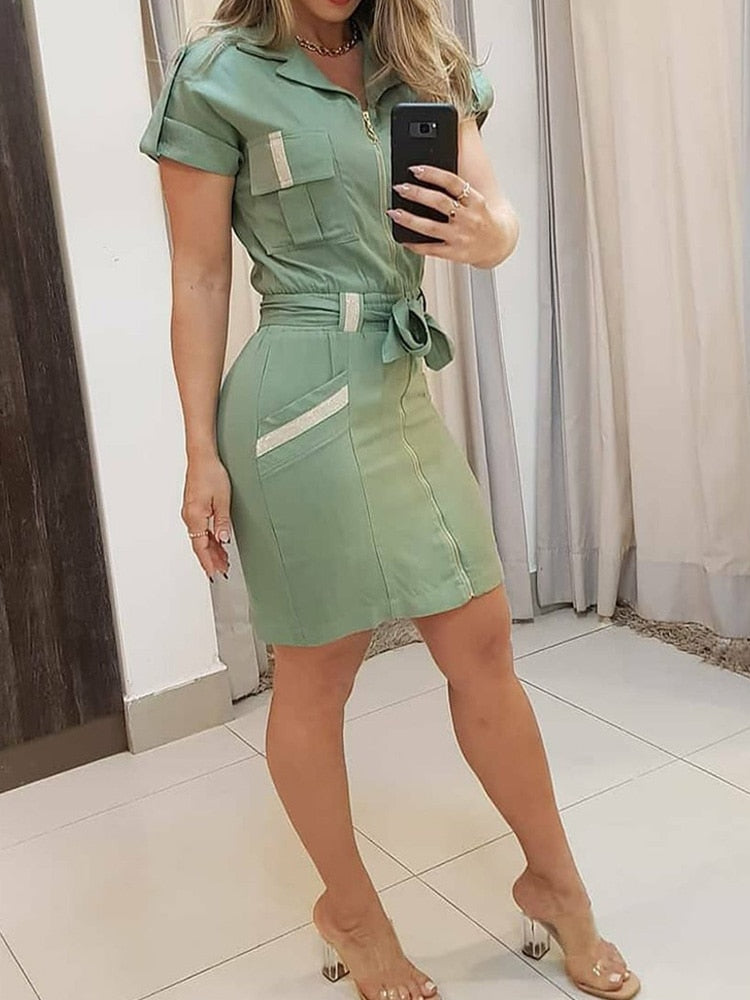 Gestreiftes Colorblock-Hemdkleid mit Reißverschluss vorne Arbeitskleidung Damen Kurzarm Lässig Tägliches Sommerkleid