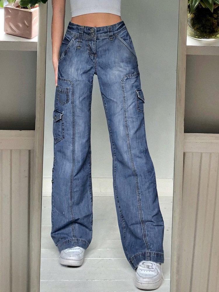 HEYounGIRL Boyfriend Vintage High WaistJeans für Frauen Harajuku Lässige Baggy Pants Capris Taschen Blaue Jeanshose Herbst