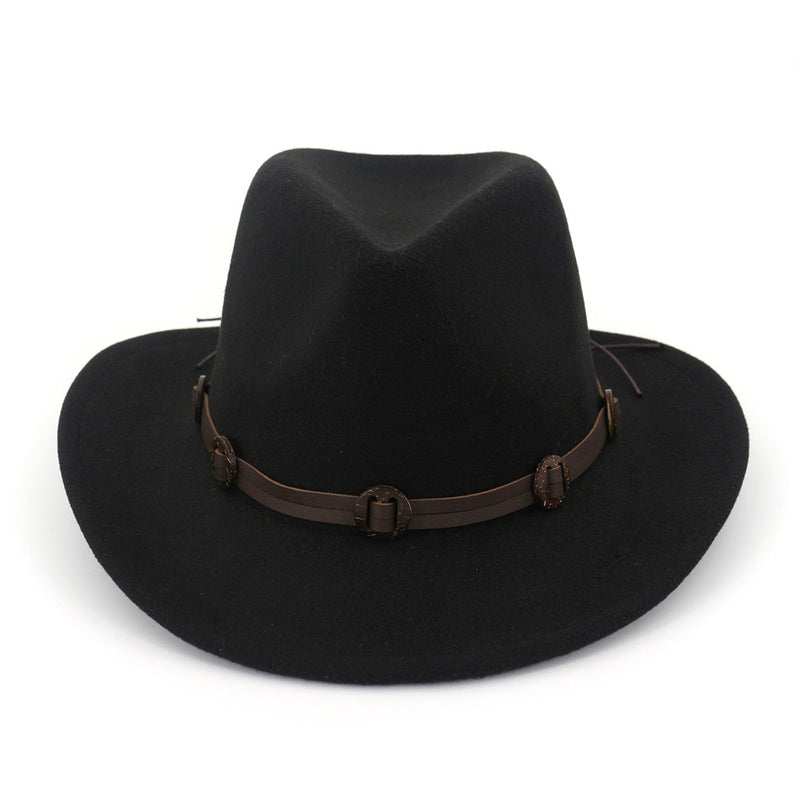 Western Cowboy Cowgirl Fedora Hats with Leather band Men Women Wide Brim Sunhat Felt Jazz Panama cap Trilby Party Fedoras