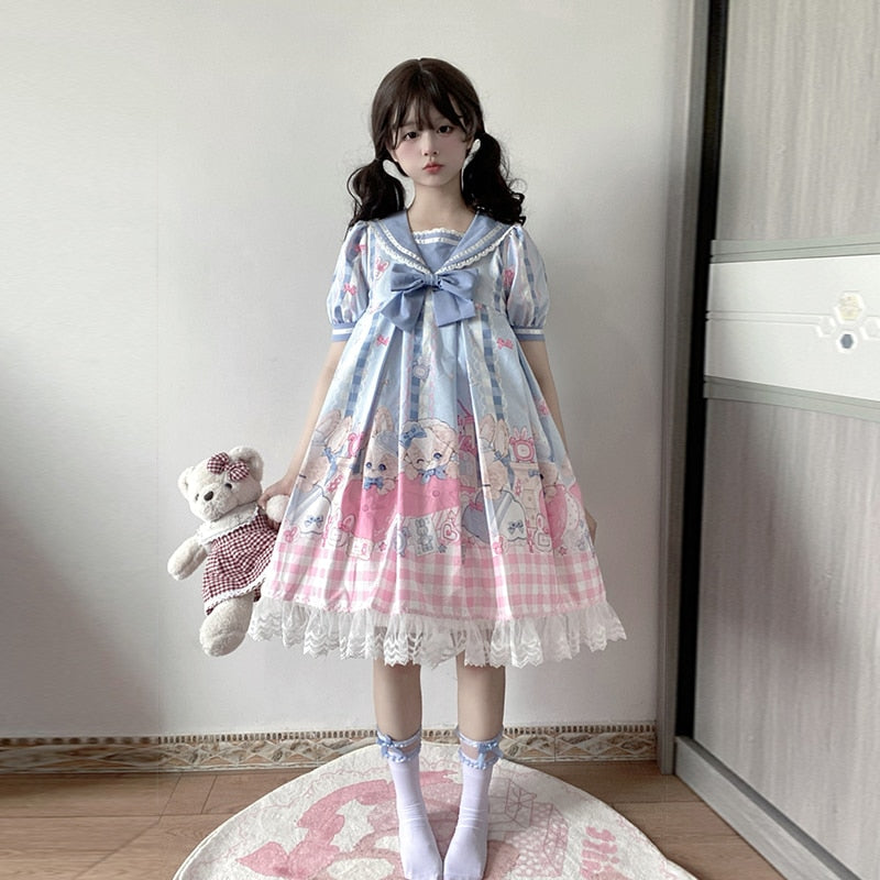 Sweet Cute Kawaii Girls Lolita Dress Princess Maid Vintage Ruffles Dresses Puff Sleeve Red Black Pink Women Dress Round Collar