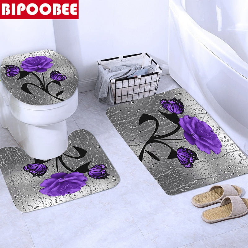 Cortina de ducha de flores rosas púrpuras, conjunto de cortinas de baño, alfombrillas de baño de flores de mariposa, cubierta de tapa de inodoro, alfombra antideslizante, decoración del hogar