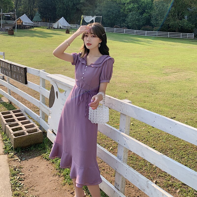 New Fashion Short Sleeve Simple Chiffon Dress for Women Elegant Summer Evening Party Dress Beach Holiday Long Dress Robe 22170