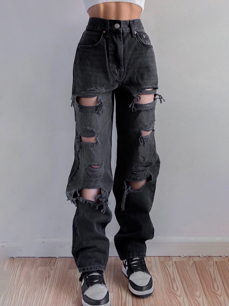 HEYounGIRL Holes Casual Black Ripped Jeans Woman Harajuku High Waist Denim Trousers Vintage Distressed Pants Capri Summer