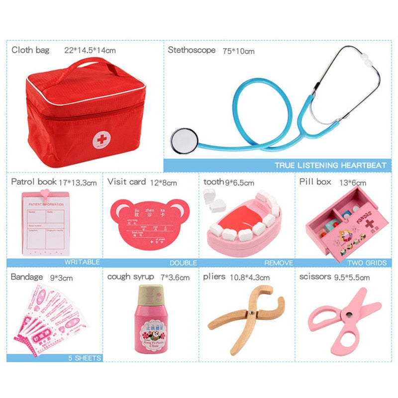 Doctor Toys for Children Set Kids Wooden Pretend Play Kit Games for Girls Boys Red Medical Dentist Medicine Box Cloth Bags