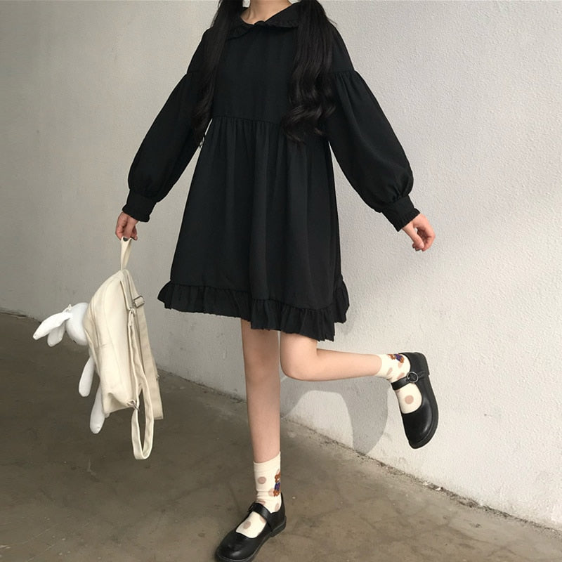 Sweet Cute Kawaii Girls Lolita Dress Princess Maid Vintage Ruffles Dresses Puff Sleeve Red Black Pink Women Dress Round Collar