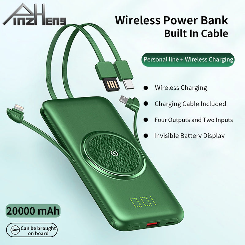 PINZHENG 20000 mAh Wireless Charger Power Bank Eingebaute 4 Kabel 10000 mAh Powerbank Tragbares externes Ladegerät für iPhone