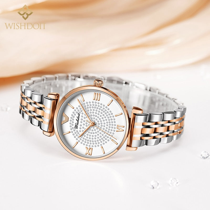 WISHDOIT 2022 New Casual Fashion Ladies Watch Stainless Steel Strap Quartz Watch Diamond Ladies Hand Watch Relógio feminino