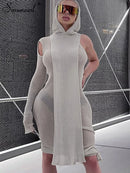 Simenual One Sleeve Knit Asymmetrische Midikleider Skinny Ribbed Hooded Streetwear Baddie Clothes Herbst Frühling Clubwear Enges Kleid