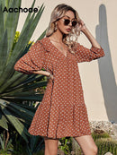 Aachoae Damen Casual Loose Polka Dot Kleid V-Ausschnitt Plissee Chiffon Kleid Laterne Halbarm Mini Strandkleid Sommer Robe Femme
